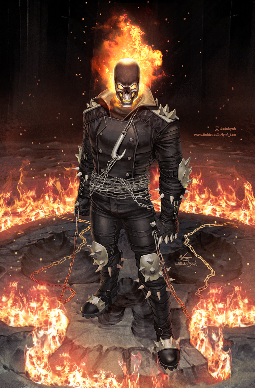 1boy burning chain chain_whip copyright_request fire flaming_skull full_body ghost ghost_rider ghost_rider_(series) gloves highres holding in-hyuk_lee jacket leather leather_jacket male_focus marvel official_art pants skull solo spikes weapon western_comics_(style)