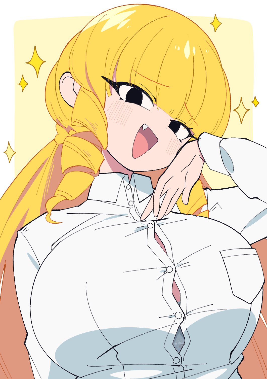 1girl black_eyes blonde_hair blunt_bangs blush breasts button_gap collared_shirt drill_hair drill_sidelocks eyelashes fang highres huge_breasts kaneda_mochiko long_hair long_sleeves looking_at_viewer mount_celeb_kaneda-san mzh open_mouth shirt sidelocks simple_background solo sparkle two-tone_background upper_body very_long_hair white_shirt