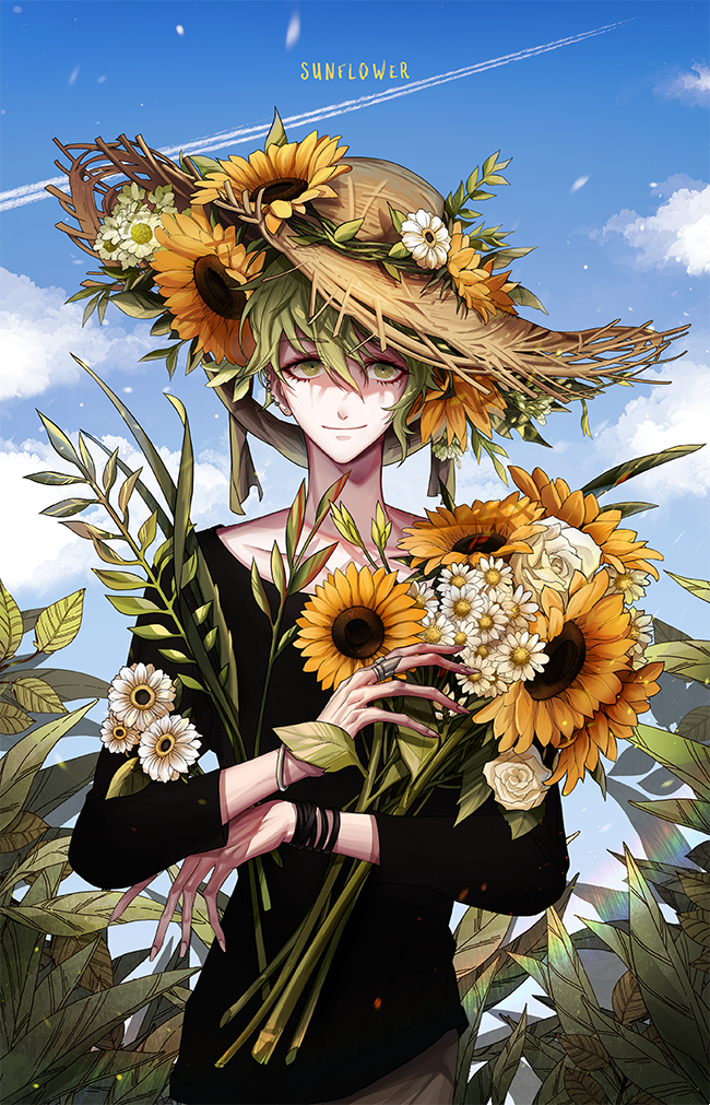 1boy altimaen_iten amami_rantaro bishounen black_shirt black_sleeves blue_sky bouquet brown_pants closed_mouth cloud collarbone cowboy_shot daisy danganronpa_(series) danganronpa_v3:_killing_harmony day ear_piercing english_text eyelashes fern fingernails flower green_eyes green_hair hair_between_eyes hair_flower hair_ornament hat hat_flower holding holding_bouquet jewelry leaf long_sleeves looking_at_viewer male_focus multiple_bracelets multiple_rings outdoors pants petals piercing rainbow ring shirt short_hair sky smile solo straight-on straw_hat sun_hat sunflower third-party_source white_flower yellow_flower yellow_hat