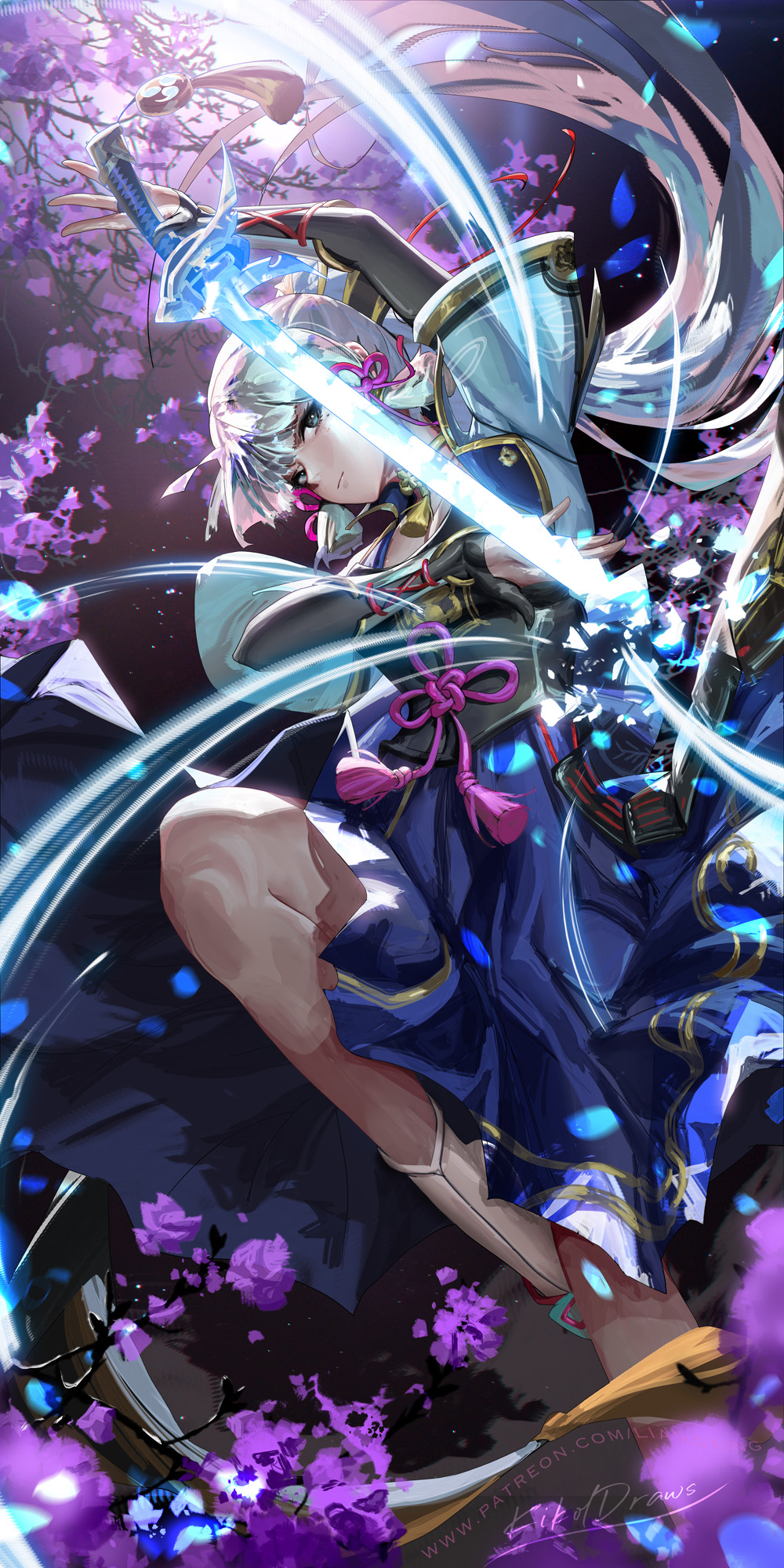 1girl arm_guards armor blue_eyes blue_hair blunt_bangs blunt_tresses breastplate flower genshin_impact gloves glowing glowing_sword glowing_weapon hair_ribbon highres japanese_armor kamisato_ayaka leaf liang_xing light_blue_hair long_hair mole mole_under_eye night official_art partially_fingerless_gloves ponytail ribbon solo tress_ribbon weapon