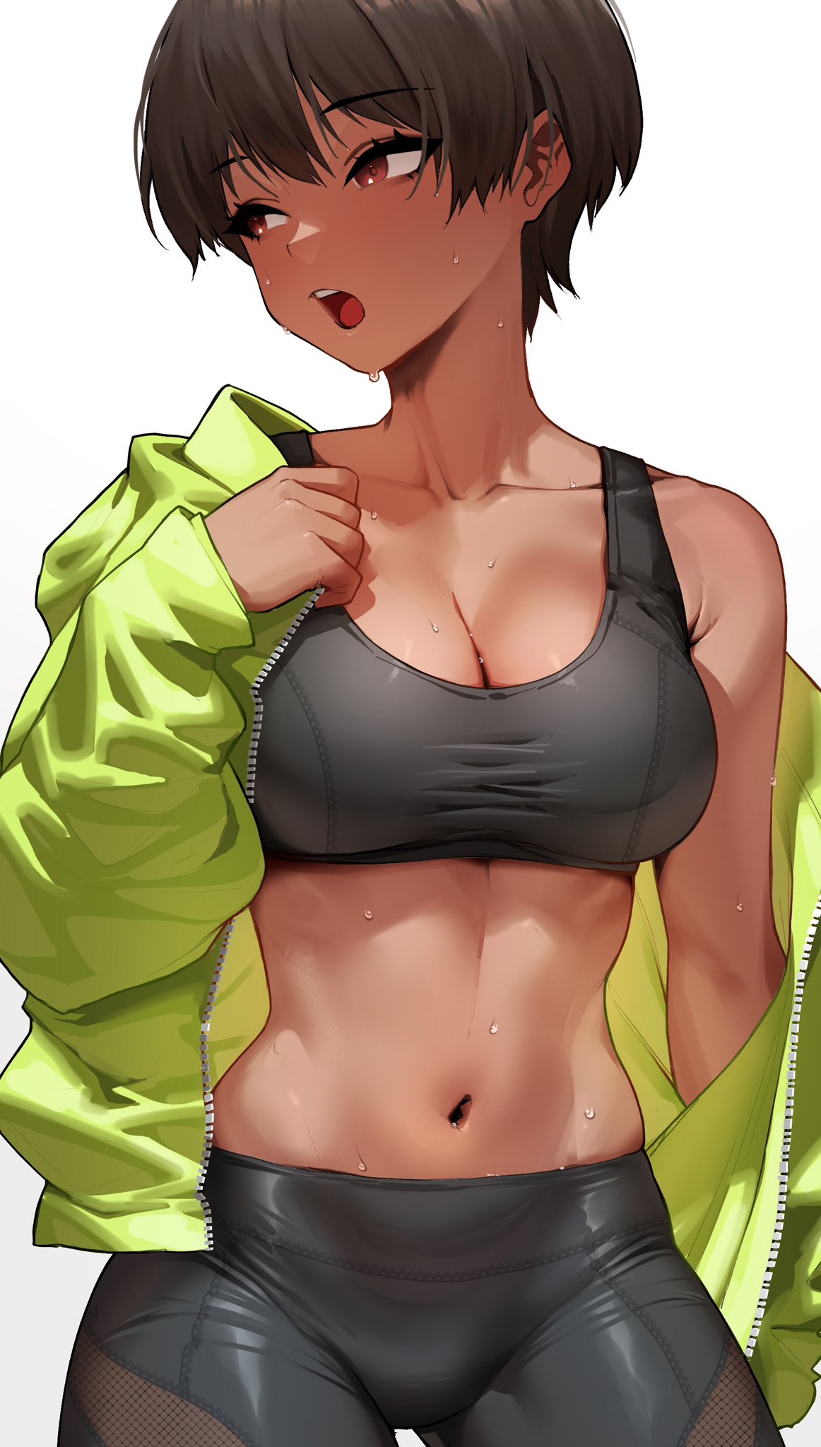 1girl armpit_crease black_hair black_pants black_sports_bra breasts brown_eyes cleavage commentary_request dark-skinned_female dark_skin green_jacket hair_between_eyes hand_up highres jacket large_breasts long_sleeves looking_to_the_side midriff navel off_shoulder open_clothes open_jacket open_mouth original pants rakuga_kiya short_hair simple_background single_bare_shoulder solo sports_bra sweat teeth upper_teeth_only white_background yoga_pants zipper