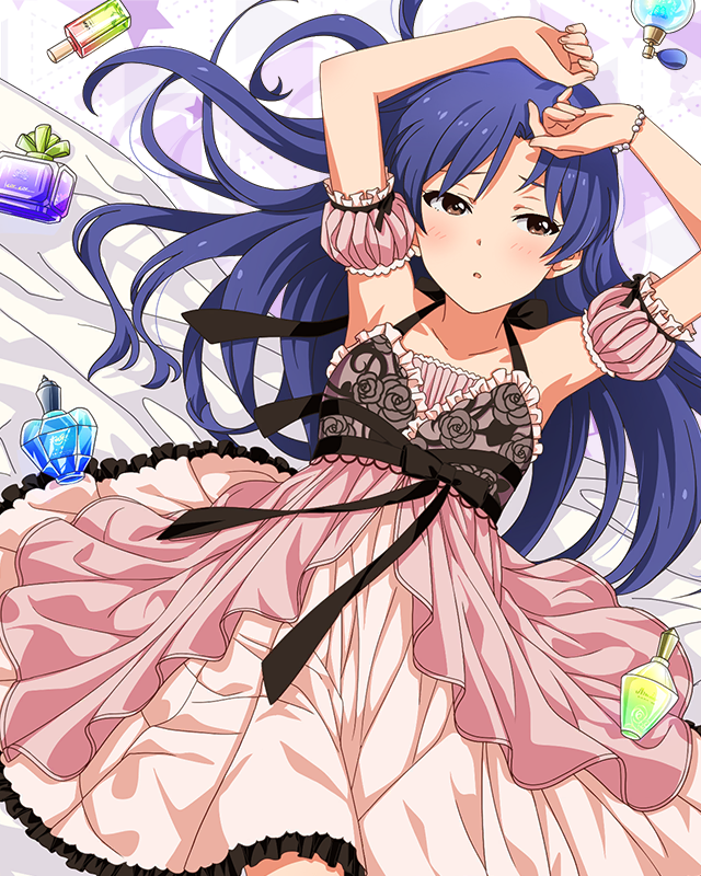 1girl armpits arms_up bare_shoulders bed_sheet blue_hair blush bottle bracelet brown_eyes collarbone cowboy_shot detached_sleeves dot_nose embarrassed eyelashes flat_chest floral_print forehead frilled_negligee frills halterneck idolmaster idolmaster_(classic) idolmaster_million_live! idolmaster_million_live!_theater_days jewelry kisaragi_chihaya layered_nightgown long_hair looking_to_the_side lying messy_hair official_alternate_costume official_art on_back parted_bangs parted_lips perfume_bottle pink_negligee puffy_detached_sleeves puffy_sleeves ribbon-trimmed_sleeves ribbon_trim rose_print sexy_beautiful_(idolmaster) shy sidelocks solo straight_hair