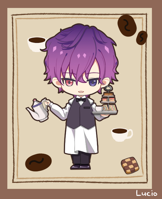 1boy apron bow bowtie checkerboard_cookie chibi coffee_beans commentary cookie cup food full_body gradient_hair heterochromia holding holding_teapot holding_tray long_sleeves looking_at_viewer lucio_(lucioooo38) multicolored_hair nijisanji nijisanji_en pants pink_eyes purple_eyes purple_hair short_hair smile solo teacup teapot tiered_tray traditional_bowtie tray uki_violeta vest virtual_youtuber waiter