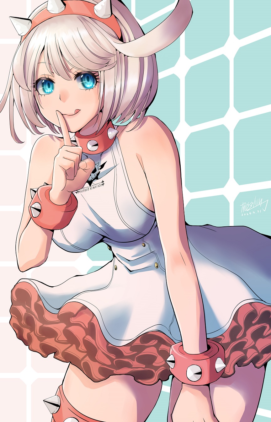 1girl ahoge blue_eyes bracelet breasts cape collar elphelt_valentine guilty_gear guilty_gear_strive hairband highres huge_ahoge jewelry mariebell pink_hairband short_hair solo spiked_bracelet spiked_collar spiked_hairband spiked_jacket spikes two-tone_dress white_hair