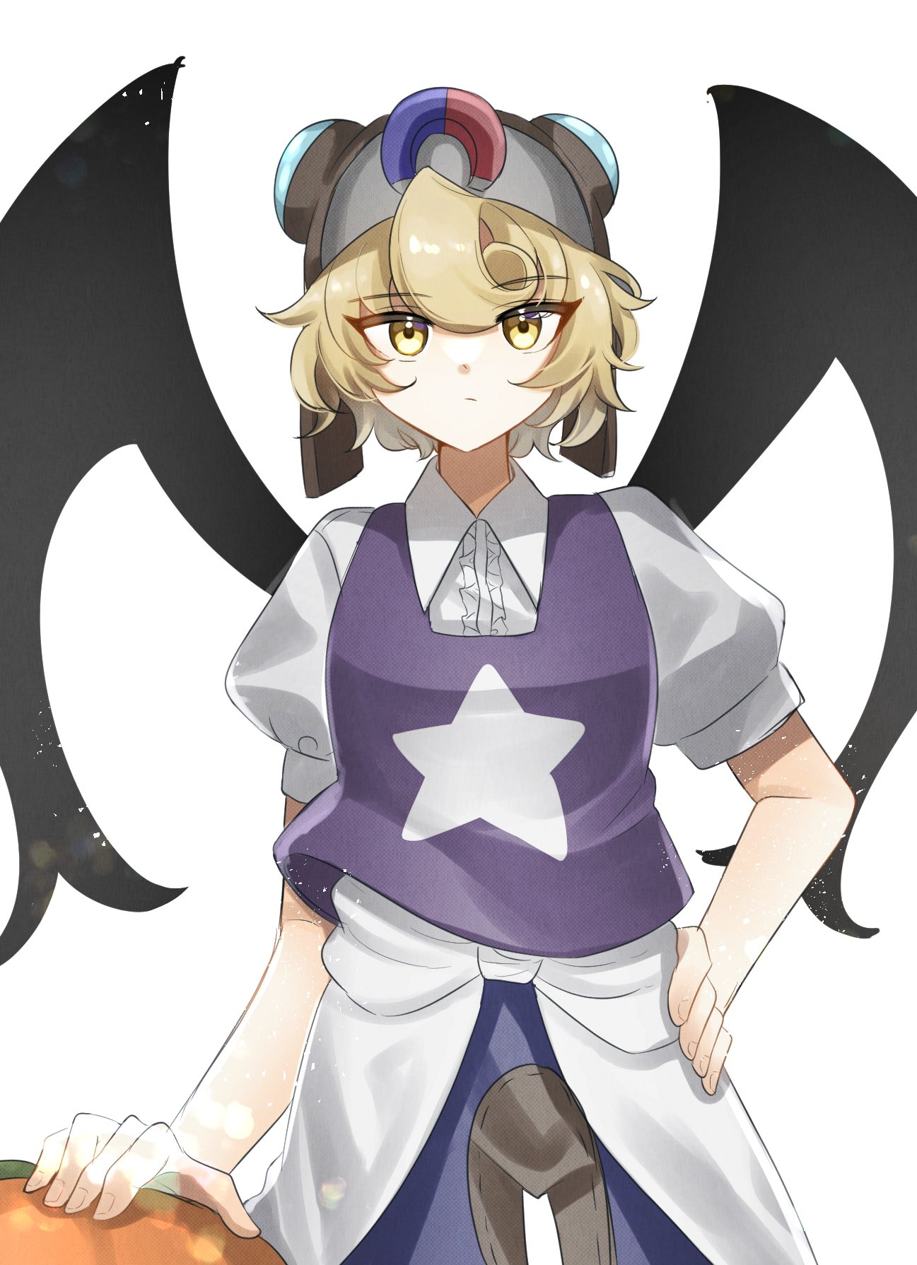 1other a_c_bb androgynous black_wings blonde_hair blue_pants center_frills closed_mouth collared_shirt commentary_request frills goggles goggles_on_headwear grey_helmet hand_on_own_hip helmet highres len'en looking_at_viewer magnet other_focus pants puffy_short_sleeves puffy_sleeves purple_vest shirt short_hair short_sleeves simple_background socks solo star_(symbol) star_print umatachi_tsugumi vest white_background white_shirt white_socks wings yellow_eyes