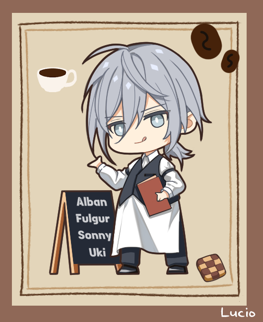 1boy apron checkerboard_cookie chibi coffee_beans collared_shirt commentary cookie cup food fulgur_ovid grey_eyes grey_hair long_sleeves looking_at_viewer low_ponytail lucio_(lucioooo38) male_focus menu nijisanji nijisanji_en shirt smile solo teacup tongue tongue_out vest virtual_youtuber waiter