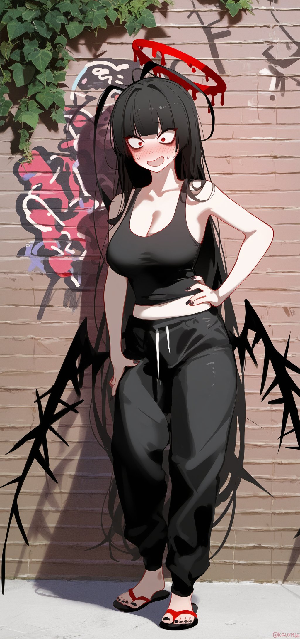 alternate_costume antenna_hair bags_under_eyes black_hair black_nails black_wings blood blood_halo blue_archive blush breasts brick_wall cleavage feathered_wings graffiti halo hand_on_own_hip highres kguy1920 large_breasts liquid_halo low_wings melting_halo open_mouth pants red_eyes red_halo sweatdrop sweatpants tank_top tsurugi_(blue_archive) twitter_username wings