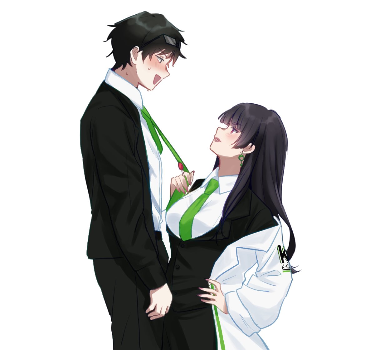 1boy 1girl assertive_female black_hair character_request collared_shirt couple earrings from_side green_necktie height_difference hetero jewelry limbus_company long_hair necklace_pull necktie open_mouth original project_moon saccharhythm samjo_(project_moon) shirt short_hair simple_background suit white_background white_shirt