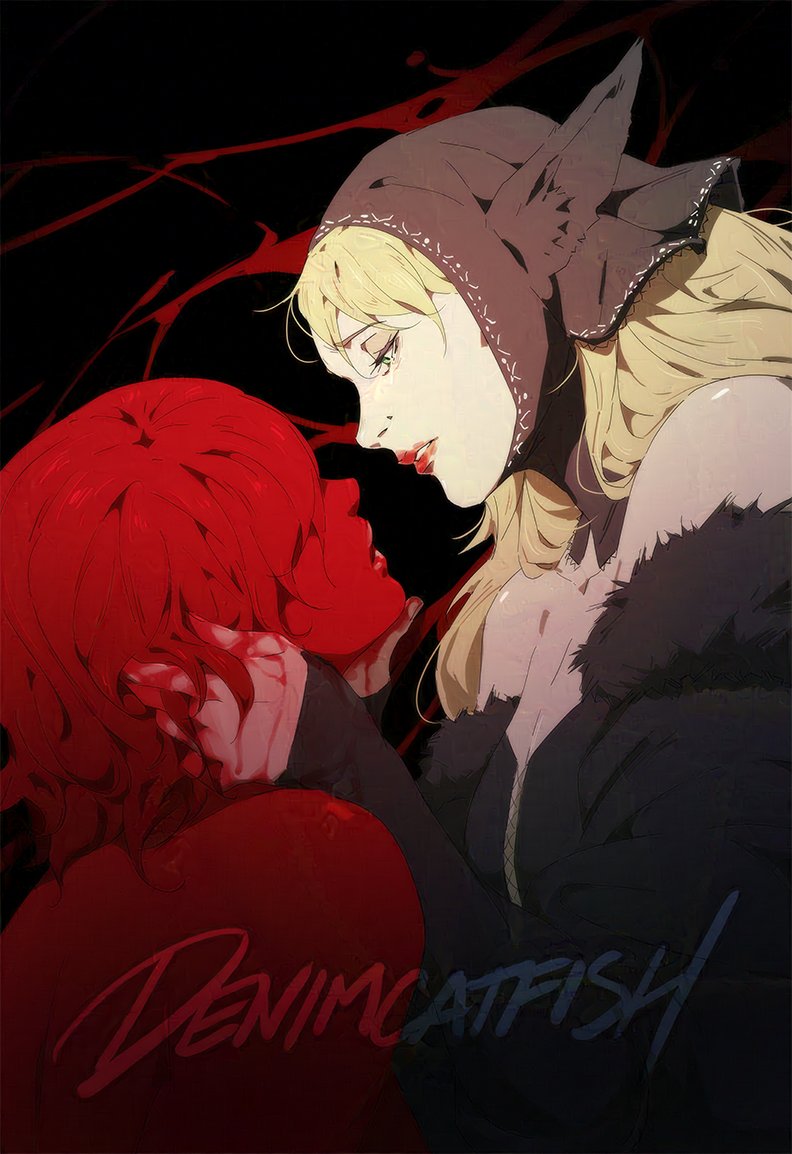 2girls artist_name bare_shoulders black_background black_dress blonde_hair blood blood_in_hair blood_on_face blood_on_hands breasts cleavage commentary denimcatfish dress dungeon_meshi ear_covers elf falin_touden falin_touden_(tallman) green_eyes hand_on_another's_head long_hair long_sleeves marcille_donato multiple_girls off-shoulder_dress off_shoulder pointy_ears red_lips upper_body yuri