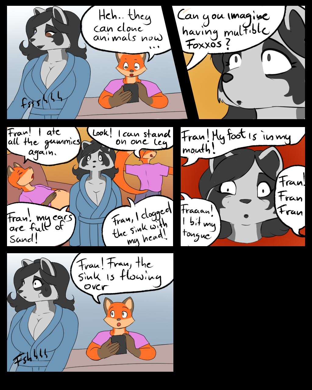 anthro big_breasts blackbetty bodily_fluids breasts canid canine cleavage clothed clothing comic duo female fox franciene_(tango's_family) fur hair hi_res lewis_gunn looking_at_viewer male mammal procyonid raccoon simple_background sweat tail text