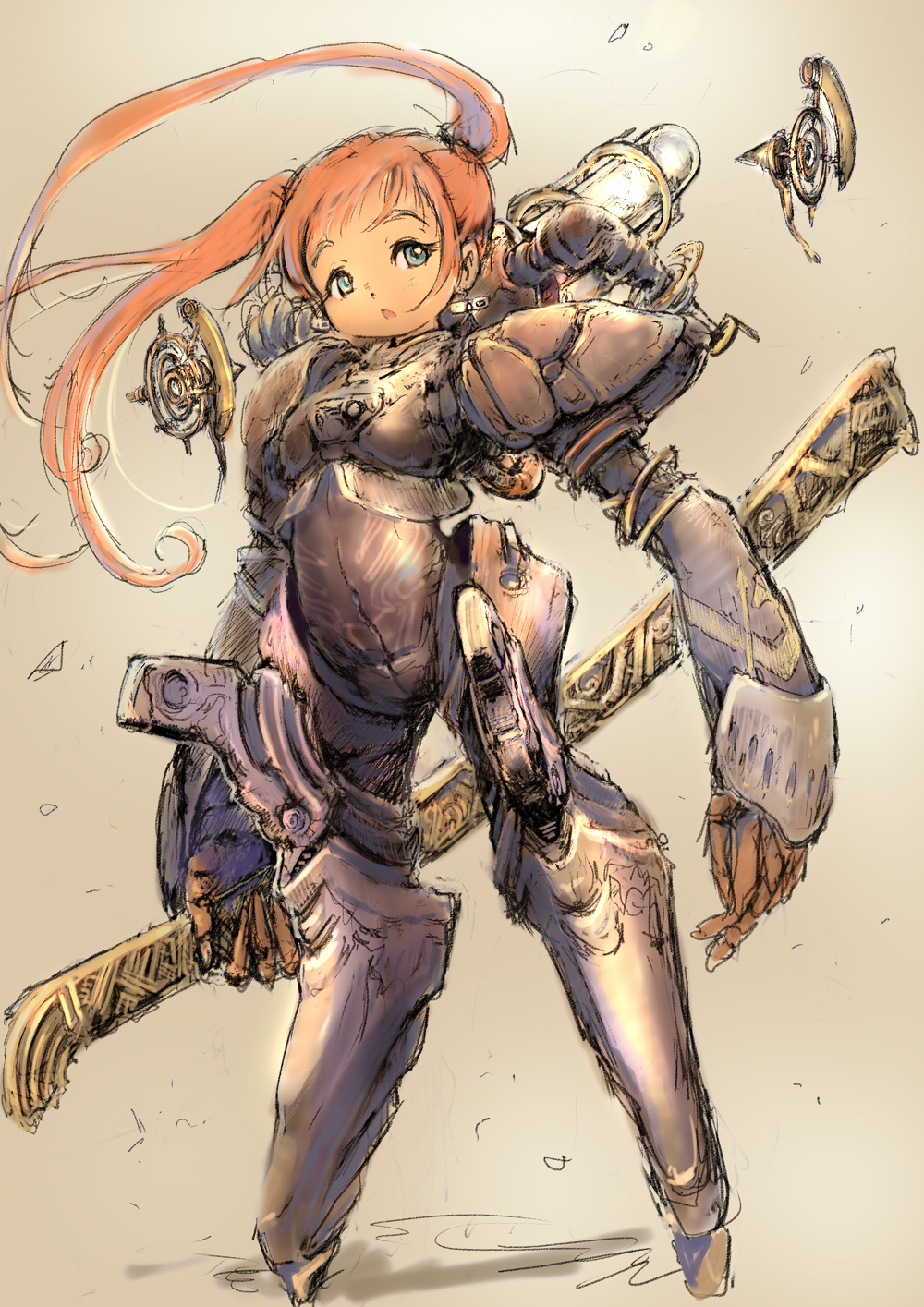 1girl armor arms_at_sides blue_eyes commentary_request dragon's_heaven full_body guma highres holding holding_weapon long_hair orange_hair power_armor solo standing twintails weapon wind wind_lift