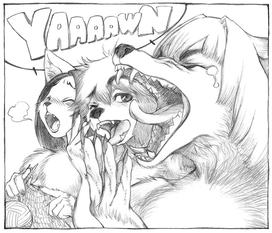 ambiguous_gender anthro blush bodily_fluids canid canine english_text felid feline fur graphite_(artwork) group hair kemono knitting mammal marudi open_mouth simple_background stitch_(sewing) tears teeth text tongue traditional_media_(artwork) trio yawn