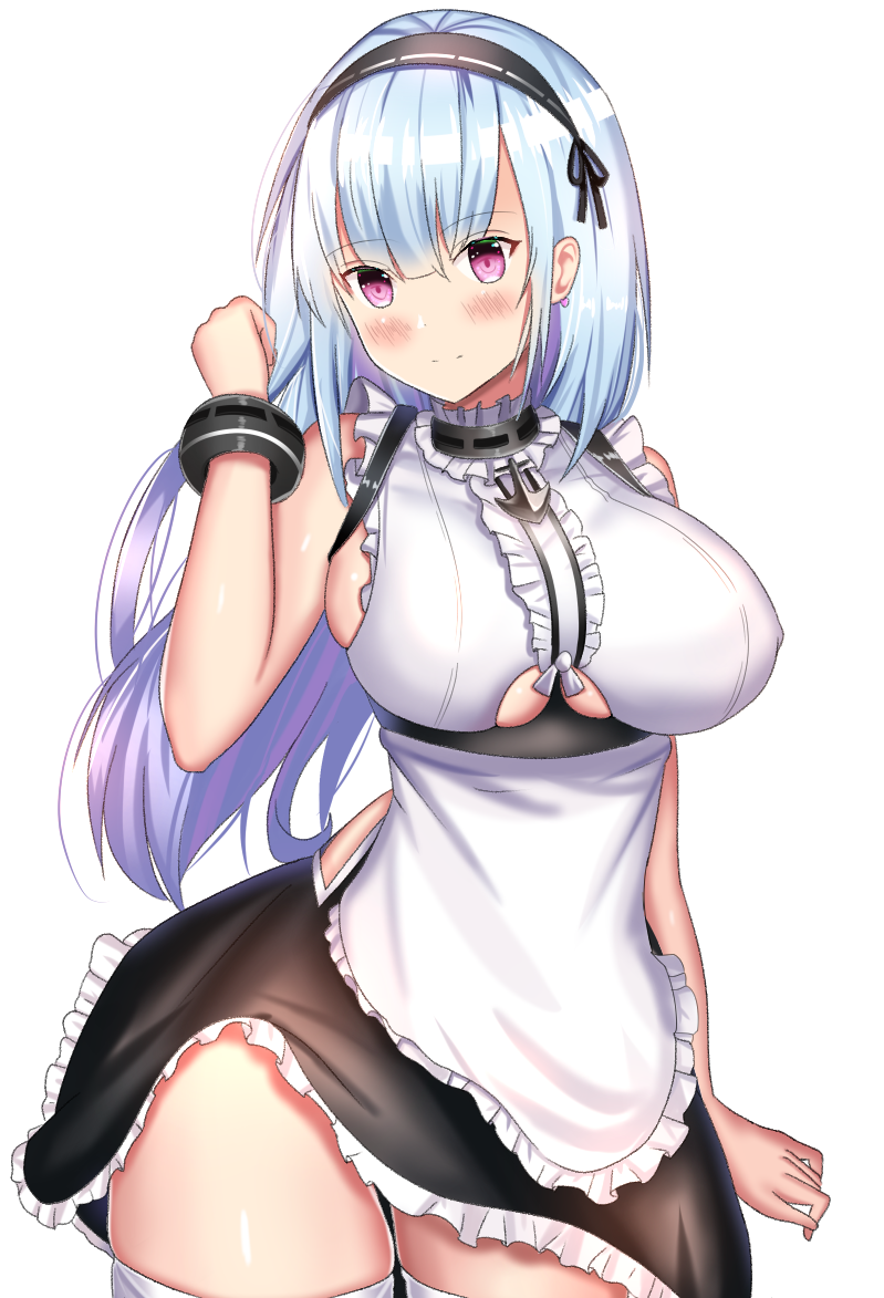 1girl alternate_costume ame_sagari apron azur_lane bare_arms bare_shoulders black_bracelet black_hairband black_ribbon black_skirt blue_hair breasts center_frills choker closed_mouth commentary covered_nipples cowboy_shot dido_(azur_lane) earrings enmaided frilled_apron frilled_choker frilled_shirt frills gradient_hair grey_choker hair_ribbon hairband hand_in_own_hair heart heart_earrings high-waist_skirt huge_breasts jewelry light_blush long_hair looking_at_viewer maid miniskirt multicolored_hair pink_eyes purple_hair ribbon ribbon-trimmed_choker ribbon-trimmed_hairband shirt side_slit sideboob simple_background skirt sleeveless sleeveless_shirt smile solo thighhighs underboob waist_apron white_apron white_background white_shirt white_thighhighs