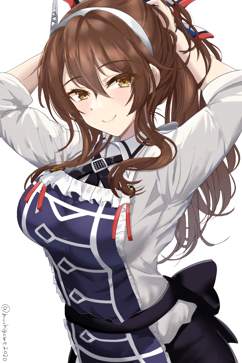 1girl adjusting_hair apron ashigara_(kancolle) ashigara_kai_ni_(kancolle) blush breasts brown_eyes brown_hair chamumi_(mochiumee) fake_horns hair_between_eyes hairband highres horned_headwear horns kantai_collection large_breasts long_hair long_sleeves looking_at_viewer multicolored_neckerchief neckerchief official_alternate_costume pencil_skirt ponytail print_neckerchief shirt skirt twitter_username wavy_hair white_background white_hairband white_shirt