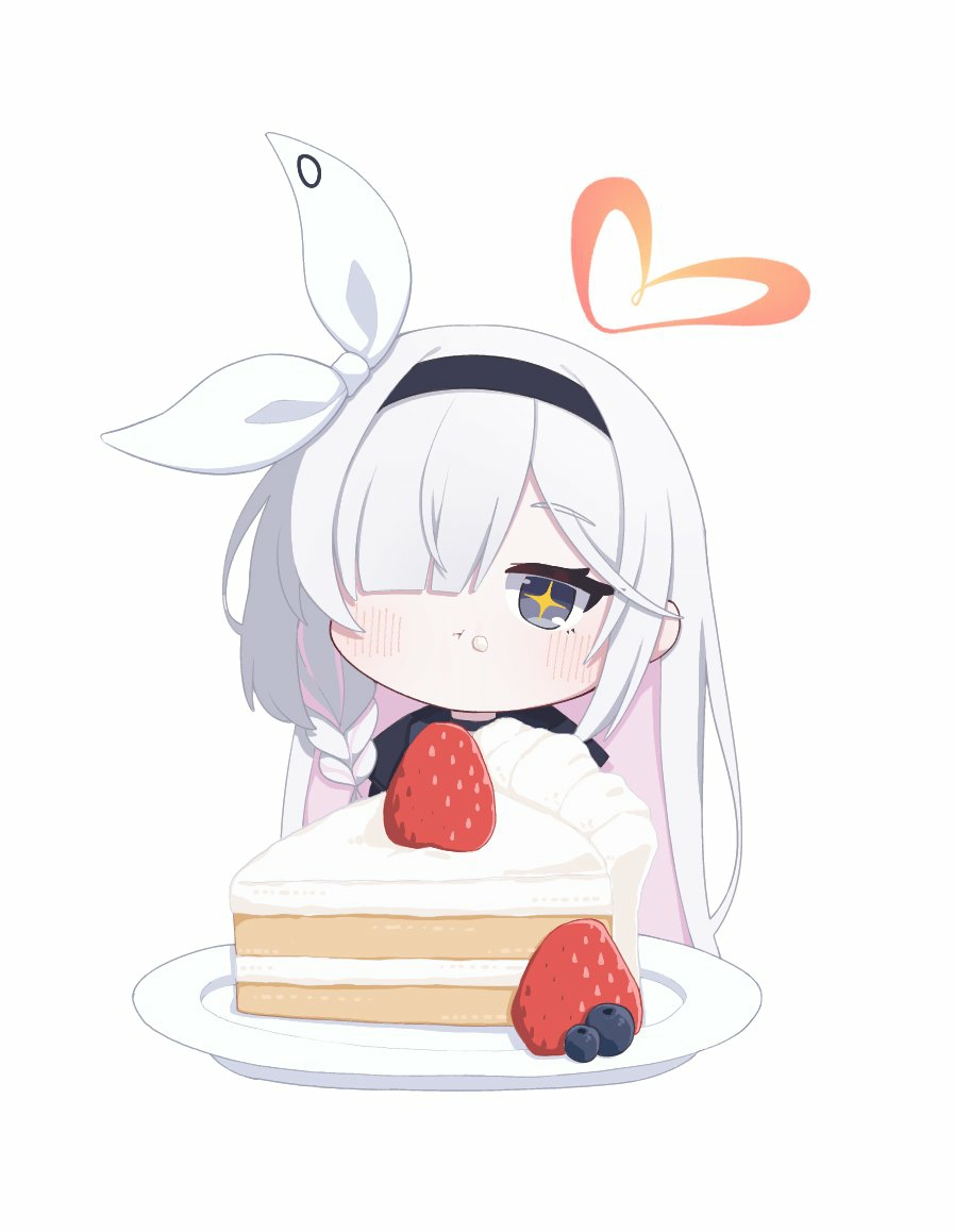 +_+ 1girl black_eyes black_hairband black_sailor_collar blue_archive blush bow cake cake_slice chibi cinamon_(cinamori) closed_mouth commentary eating food fruit hair_bow hair_over_one_eye hairband heart looking_at_viewer one_eye_covered plana_(blue_archive) plate sailor_collar simple_background solo strawberry white_background white_bow