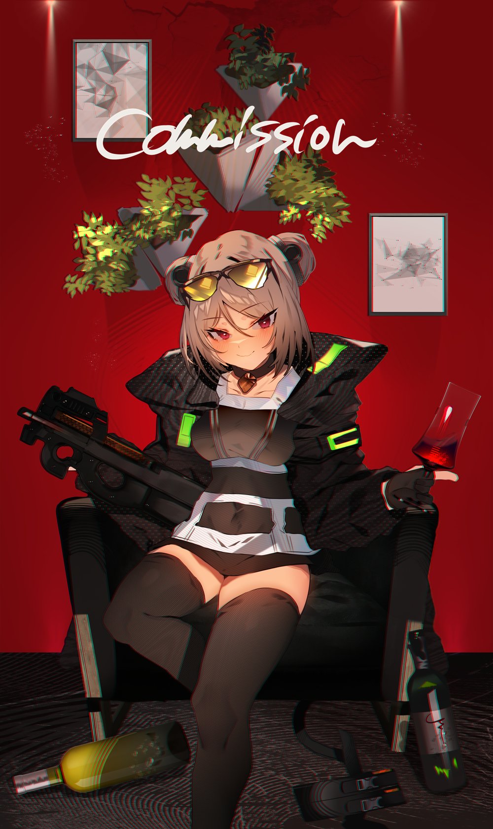 1girl alcohol black_choker black_gloves black_jacket black_thighhighs blush bottle bullpup chair choker commission cup double_bun eyewear_on_head girls'_frontline gloves gun hair_bun highres holding holding_cup indoors jacket light_brown_hair looking_at_viewer open_clothes open_jacket p90 p90_(girls'_frontline) partially_fingerless_gloves picture_frame red_eyes sitting skeb_commission solo soukou_makura submachine_gun sunglasses thick_thighs thighhighs thighs tinted_eyewear weapon yellow-tinted_eyewear