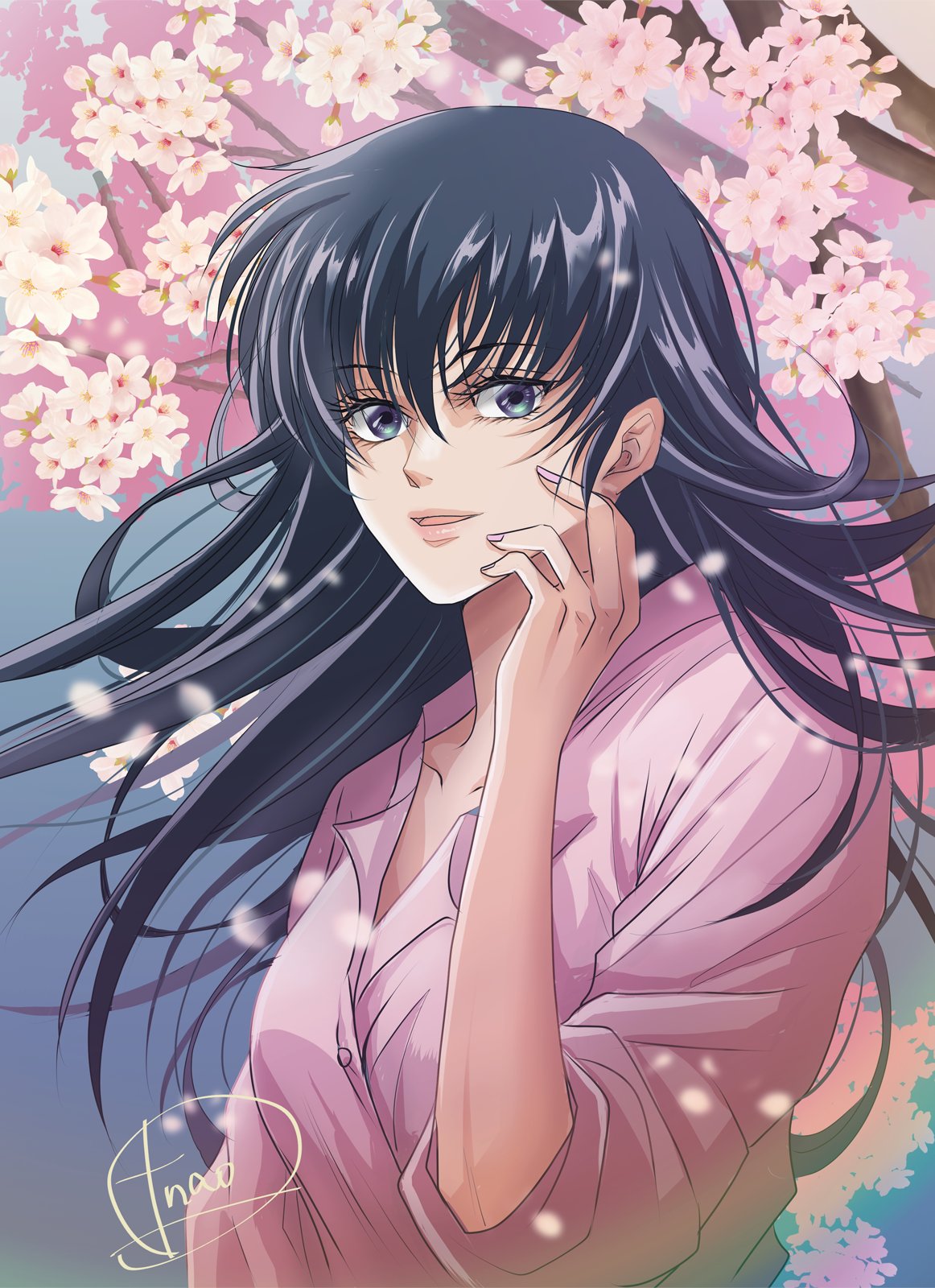 1girl black_hair cherry_blossoms collarbone falling_petals floating_hair highres long_hair looking_at_viewer maison_ikkoku otonashi_kyouko outdoors parted_lips petals pink_shirt shirt signature solo t_nao1576 tree