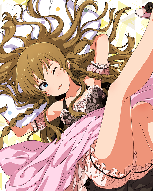 1girl arms_up bare_shoulders bloomers blue_eyes blush bracelet braid breasts brown_hair collarbone detached_sleeves dot_nose floral_print frilled_negligee frills hair_over_shoulder halterneck idolmaster idolmaster_million_live! idolmaster_million_live!_theater_days jewelry kousaka_umi layered_nightgown leg_up long_hair lying messy_hair official_alternate_costume official_art on_back one_eye_closed pillow pink_bloomers pink_negligee puffy_detached_sleeves puffy_sleeves ribbon-trimmed_sleeves ribbon_trim rose_print sexy_beautiful_(idolmaster) sidelocks small_breasts solo twin_braids under_covers wavy_mouth