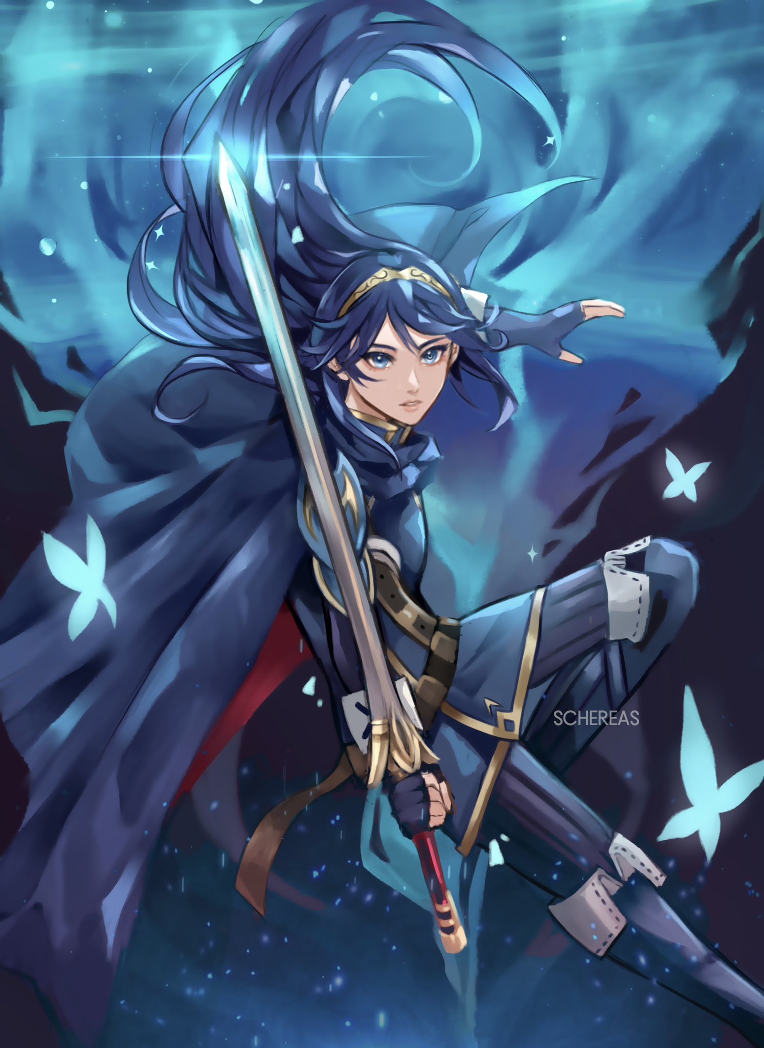 1girl armor artist_name blue_cape blue_eyes blue_footwear blue_gloves blue_hair boots brand_of_the_exalt bug butterfly cape english_commentary falchion_(fire_emblem) fingerless_gloves fire_emblem fire_emblem_awakening floating_hair gloves highres holding holding_sword holding_weapon long_hair long_sleeves looking_at_another looking_at_viewer lucina_(fire_emblem) parted_lips red_cape schereas shoulder_armor sword symbol_in_eye thigh_boots tiara two-tone_cape weapon