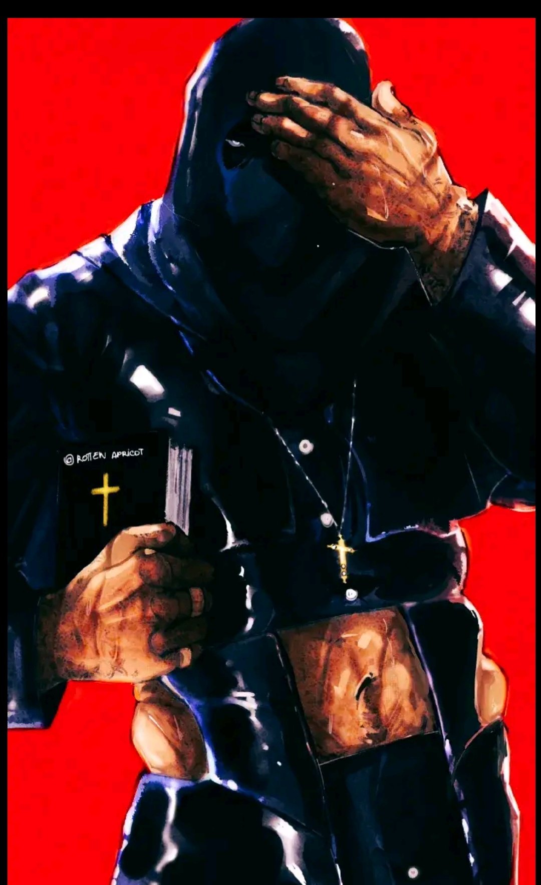 1boy abs alternate_costume apricot_rotten bara bible_(object) book call_of_duty call_of_duty:_modern_warfare_2 covered_face cowboy_shot cropped_jacket cross cross_necklace hair_over_one_eye hand_on_own_face highres holding holding_book jewelry konig_(call_of_duty) latex looking_at_viewer love_handles male_focus mask midriff muscular muscular_male navel necklace praying priest solo standing
