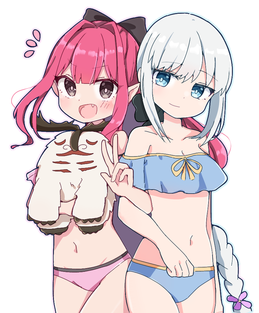 2girls :d baobhan_sith_(fate) baobhan_sith_(jade_hairpin)_(fate) bare_shoulders bikini blue_bikini blue_eyes blush cernunnos_(fate) closed_mouth fang fate/grand_order fate_(series) grey_eyes hair_ribbon holding holding_stuffed_toy looking_at_viewer morgan_le_fay_(fate) morgan_le_fay_(jade_hairpin)_(fate) mother_and_daughter multiple_girls navel open_mouth pink_bikini pink_hair pointy_ears ponytail rabiiandrain ribbon sidelocks smile stuffed_toy swimsuit v white_background white_hair