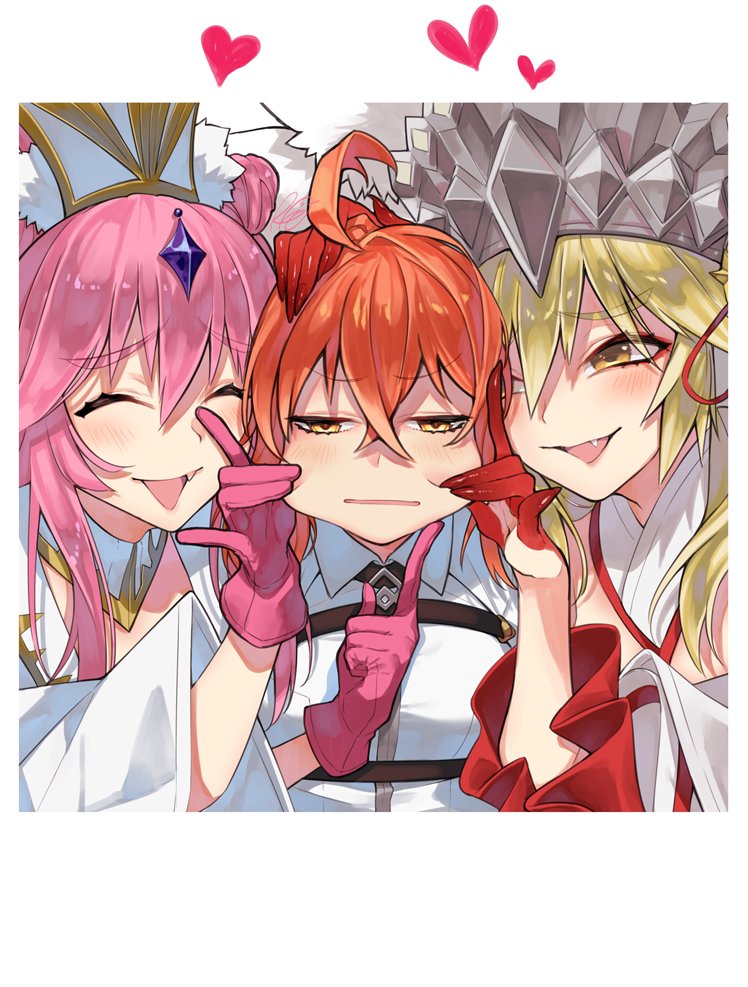 3girls :| ahoge animal_ear_fluff animal_ears belt blonde_hair blush chaldea_uniform cheek_pinching closed_eyes closed_mouth commentary crown detached_collar eyeshadow fate/grand_order fate_(series) fujimaru_ritsuka_(female) gloves hair_between_eyes hair_ornament half-closed_eyes hand_on_another's_chin hand_on_another's_head happy heart japanese_clothes kimono kitsune koyanskaya_(assassin)_(third_ascension)_(fate) koyanskaya_(fate) koyanskaya_(lostbelt_beast:iv)_(fate) looking_at_another looking_at_viewer makeup multiple_girls picture_frame pinching pink_gloves pink_hair red_eyeshadow red_hair red_hands rkp sidelocks signature smile stroking_another's_chin tamamo_(fate) unamused white_hat white_kimono white_uniform wide_sleeves yellow_eyes yuri