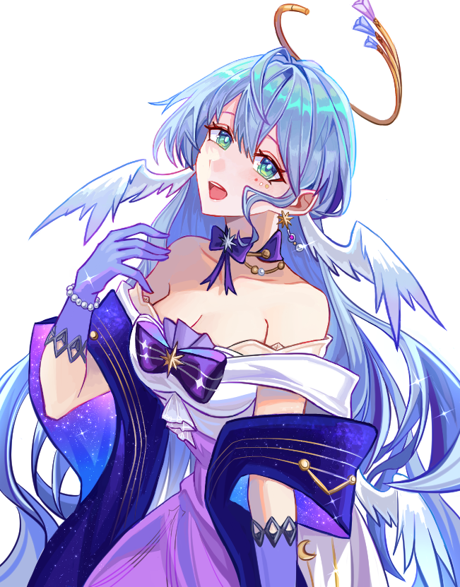 1girl :d bare_shoulders bead_bracelet beads blue_hair bow bracelet breasts bright_pupils cleavage commentary dress gloves green_eyes head_wings honkai:_star_rail honkai_(series) jewelry long_hair looking_at_viewer medium_breasts off-shoulder_dress off_shoulder official_alternate_costume open_mouth purple_bow purple_dress purple_gloves robin_(honkai:_star_rail) shawl short_sleeves simple_background smile solo two-tone_dress upper_body very_long_hair white_background white_dress wings zeth_(907jj980)