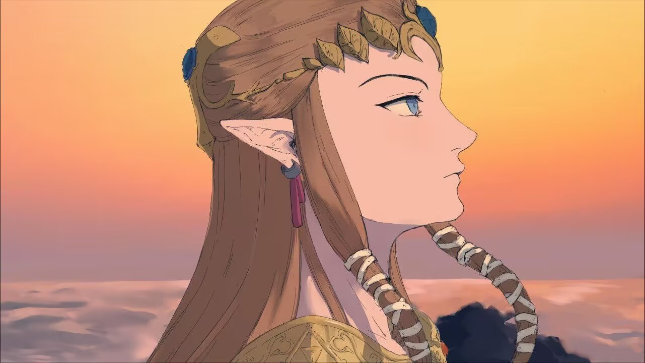 1girl alotofp907 blue_eyes brown_hair commentary dawn earrings english_commentary from_side jewelry looking_to_the_side outdoors pointy_ears princess_zelda profile sidelocks sky solo the_legend_of_zelda the_legend_of_zelda:_twilight_princess tiara