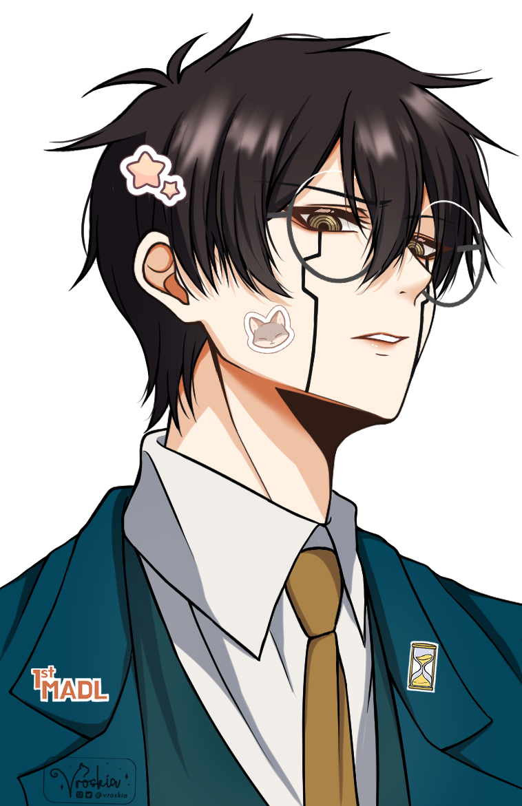 1boy aqua_jacket black_hair brown_necktie collared_shirt facial_mark glasses jacket mashle necktie orter_madl parted_lips round_eyewear shirt short_hair simple_background solo vroskia white_background white_shirt