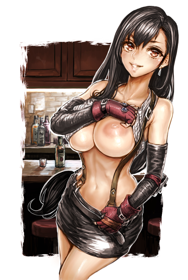 1girl alcohol arm_warmers bar_(place) black_hair black_skirt bottle breasts clothes_lift cowboy_shot earrings final_fantasy final_fantasy_vii fingerless_gloves gloves grin jewelry kaeru large_breasts lifted_by_self long_hair looking_at_viewer low-tied_long_hair navel nipples pencil_skirt red_eyes shirt shirt_lift skirt smile solo suspenders tifa_lockhart white_shirt