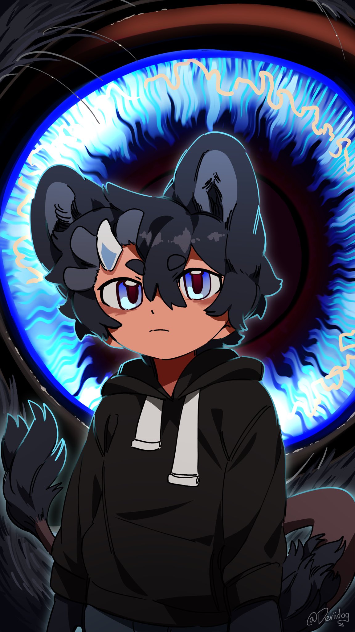 1boy animal_ears animal_hands artist_name black_hair black_hoodie blue_eyes child closed_mouth commentary deviidog0 eyeball fur-tipped_tail highres hood hood_down hoodie horns long_sleeves looking_at_viewer male_focus monster_boy original short_eyebrows short_hair single_horn solo symbol-only_commentary tail twitter_username upper_body white_horns