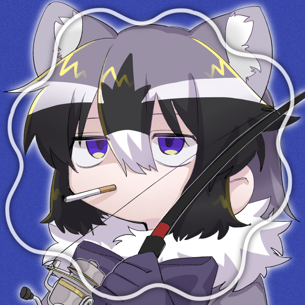 1girl animal_ear_fluff animal_ears bad_id black_hair blue_background cigarette commission common_raccoon_(kemono_friends) fishing_rod gloves grey_hair hair_between_eyes hand_up holding holding_fishing_rod jmeysan kemono_friends looking_at_viewer multicolored_hair portrait purple_eyes raccoon_ears short_hair solo white_hair