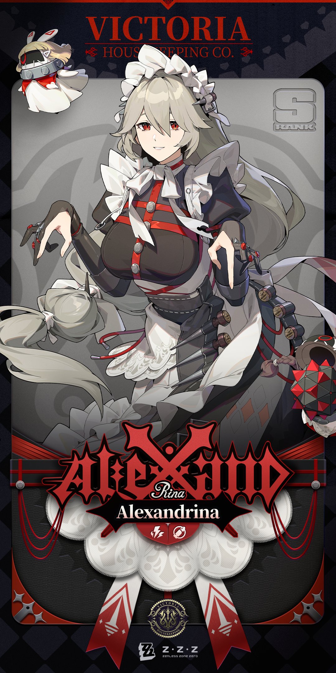 1girl alexandrina_sebastiane apron black_gloves bow bowtie breasts commentary gloves grey_hair grin highres juliet_sleeves large_breasts long_hair long_sleeves maid maid_headdress official_art puffy_sleeves red_eyes smile solo standing very_long_hair waist_apron white_apron white_bow white_bowtie zenless_zone_zero