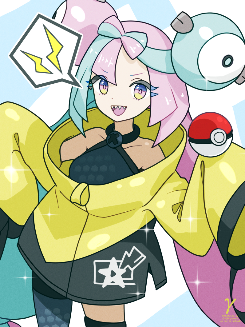 1girl :d aqua_hair bare_shoulders bow-shaped_hair character_hair_ornament commentary_request eyelashes grey_pantyhose hair_ornament holding holding_poke_ball iono_(pokemon) jacket long_hair long_sleeves looking_at_viewer multicolored_hair pantyhose pink_eyes pink_hair poke_ball poke_ball_(basic) pokemon pokemon_sv sharp_teeth single_leg_pantyhose smile solo spoken_lightning_bolt takasaka_light teeth thigh_strap twintails two-tone_hair upper_teeth_only very_long_hair wide_sleeves yellow_jacket