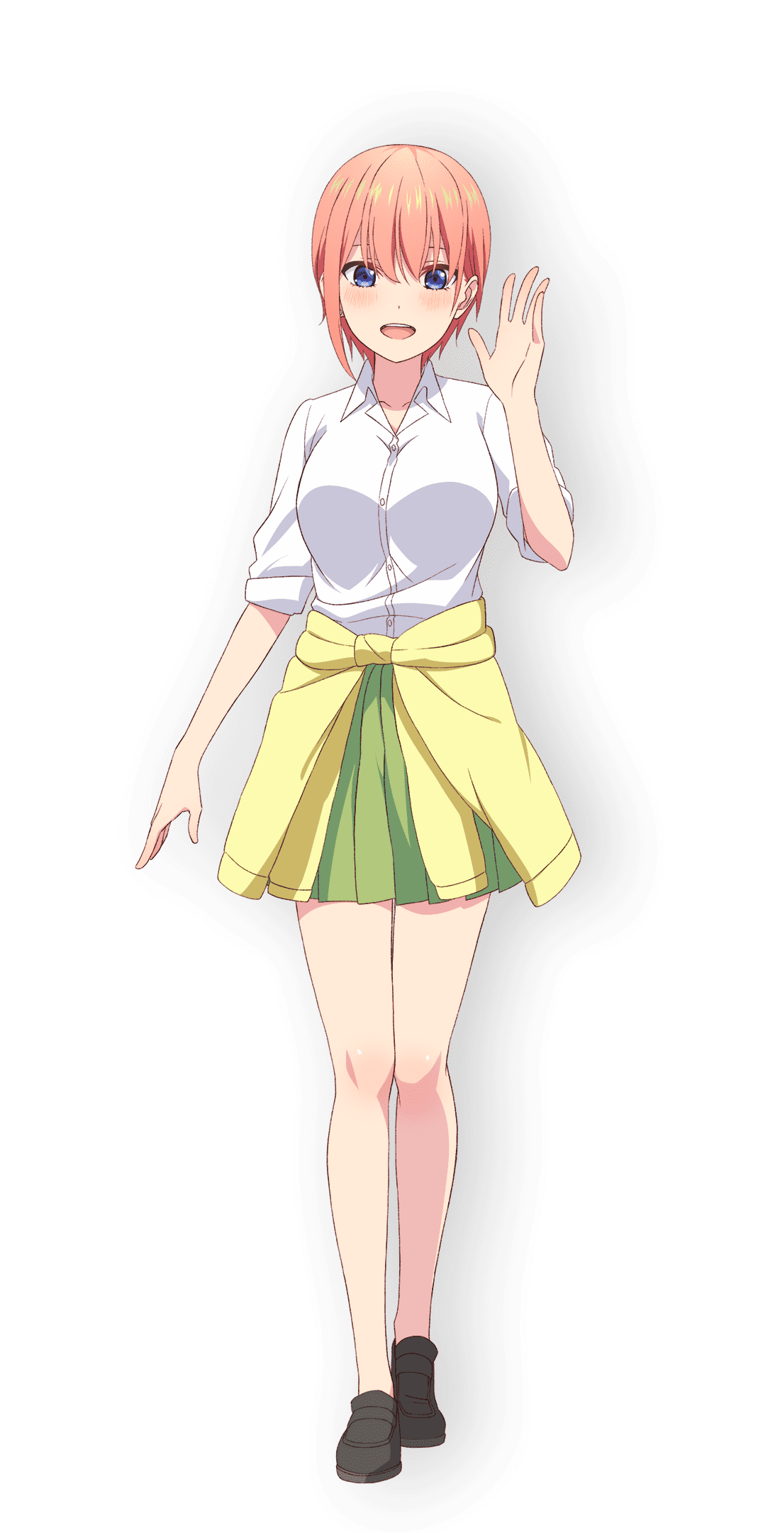 1girl :d black_footwear blue_eyes blush breasts buttons clothes_around_waist dress_shirt eyelashes full_body go-toubun_no_hanayome green_skirt hair_between_eyes heel_up highres jacket jacket_around_waist large_breasts loafers long_bangs long_sleeves looking_at_viewer miniskirt nakano_ichika official_art open_hands open_mouth orange_hair pleated_skirt school_uniform shirt shirt_tucked_in shoes short_hair single_sidelock skirt sleeves_rolled_up smile solo straight-on tachi-e teeth upper_teeth_only waving yellow_jacket