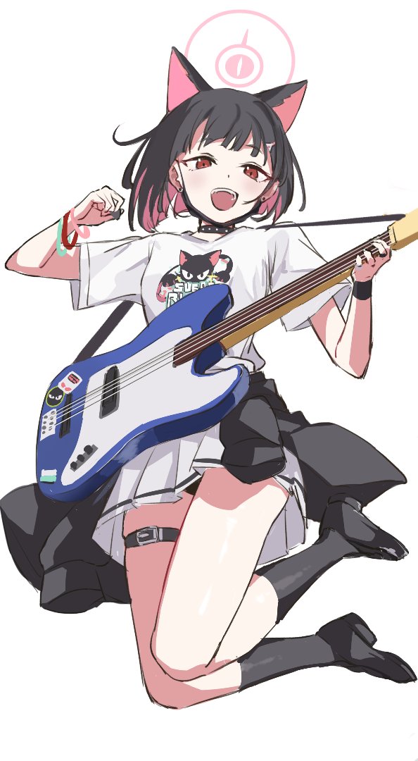 1girl black_hair blue_archive bob_cut bracelet choker colored_inner_hair electric_guitar guitar halo instrument jewelry kazusa_(band)_(blue_archive) kazusa_(blue_archive) multicolored_hair pink_hair pleated_skirt red_eyes simple_background skirt solo timo_wei95 white_background