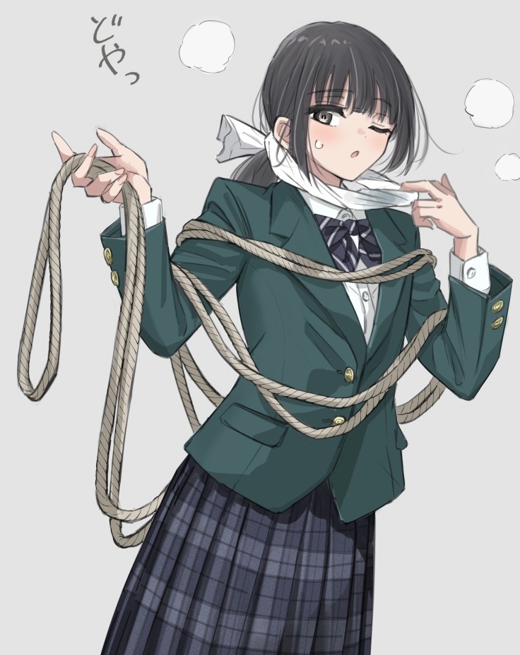 1girl black_hair blush bow bowtie buttons cloth green_suit grey_background holding holding_rope inside_fuwa long_sleeves looking_at_viewer low_ponytail one_eye_closed original plaid plaid_skirt puffy_long_sleeves puffy_sleeves rope school_uniform skirt solo suit sweat