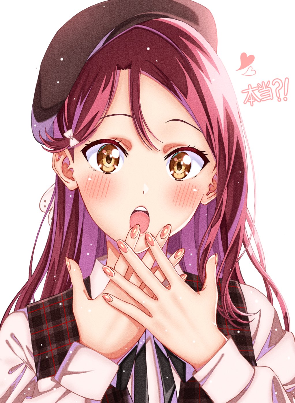 1girl :o beret black_ribbon blush bow commentary_request fingernails hair_bow hair_ornament hat heart highres long_hair looking_at_viewer love_live! love_live!_sunshine!! ojyomu open_mouth pink_nails plaid red_hair ribbon sakurauchi_riko shirt simple_background solo teeth translation_request vest white_background yellow_eyes