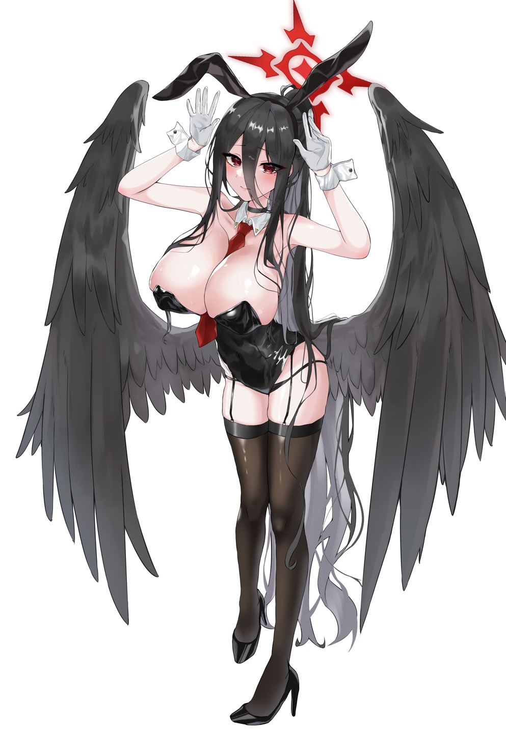 1girl angel_wings black_hair black_wings blue_archive dragonchicken02 halo hasumi_(blue_archive) highres looking_at_viewer red_eyes simple_background solo thighs white_background wings