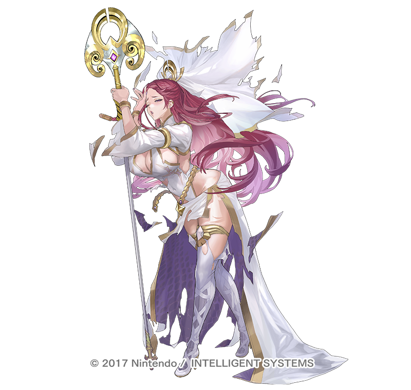 1girl bare_shoulders braid breasts cleavage curvy earrings fire_emblem fire_emblem_heroes full_body holding holding_staff jewelry large_breasts loki_(fire_emblem) long_hair looking_at_viewer maeshima_shigeki mage_staff official_alternate_costume official_art purple_eyes purple_hair smile staff thighhighs thighs torn_clothes veil wide_hips