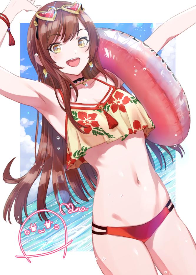 1girl :d arm_up bikini bracelet breasts brown_hair character_signature cowboy_shot earrings eyewear_on_head floral_print glasses goshiki_suzu heart heart-shaped_eyewear idolmaster idolmaster_shiny_colors innertube jewelry long_hair medium_breasts navel necklace ocean osaki_amana signature smile solo stomach swept_bangs swim_ring swimsuit yellow_eyes