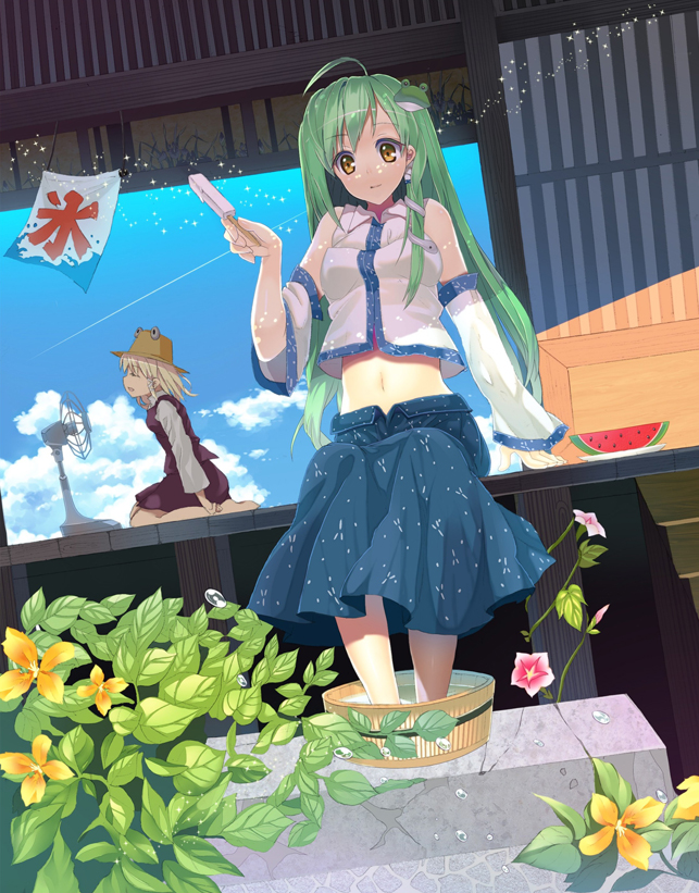 ahoge bare_shoulders blonde_hair closed_eyes detached_sleeves dutch_angle electric_fan fan flower food frog_hair_ornament fruit green_hair hair_ornament hair_tubes hat holding kochiya_sanae kooribata long_hair midriff moriya_suwako multiple_girls navel nayuta_(una) popsicle short_hair sitting skirt smile snake soaking_feet touhou tub veranda water watermelon yellow_eyes