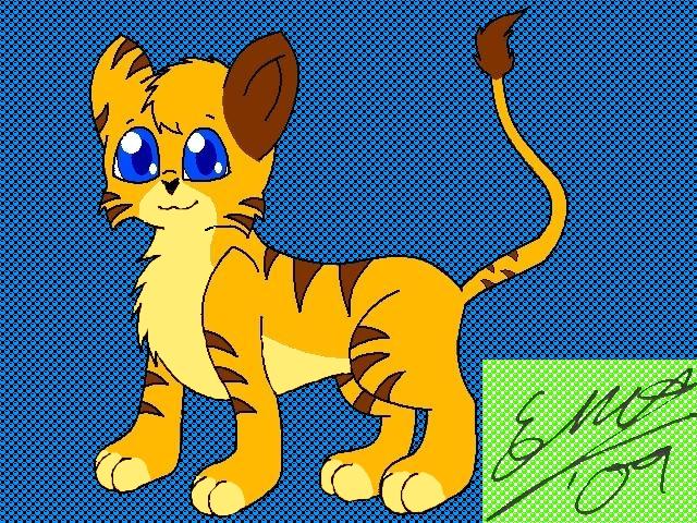 2009 ambiguous_gender blue_eyes cub feline feral fur mammal marquis2007 orange_fur pattern_background solo stripes tiger young