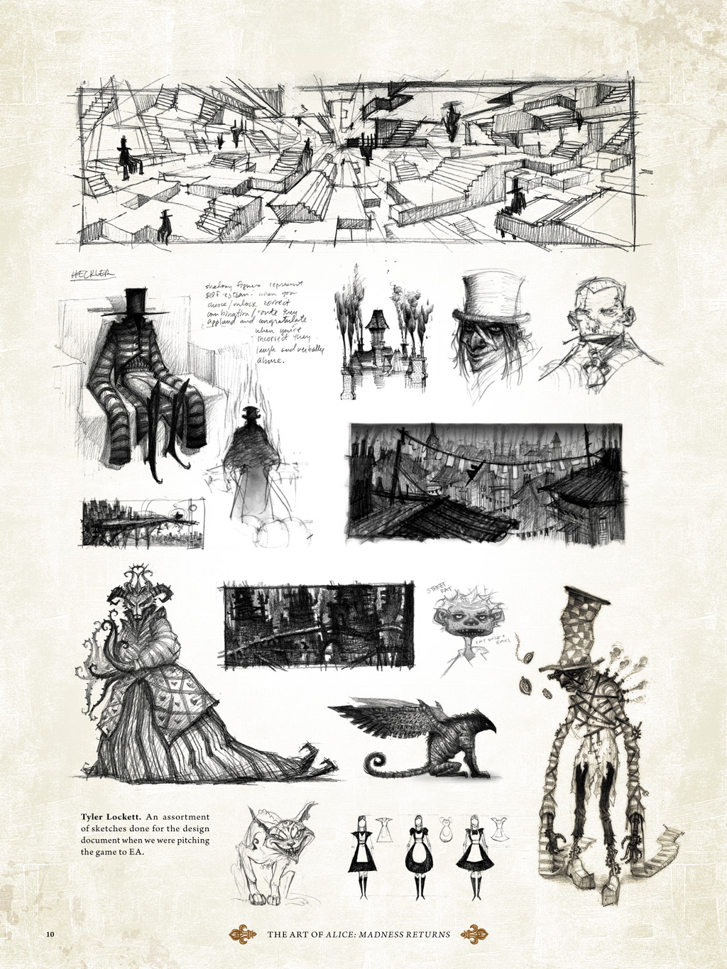 alice:_madness_returns alice_(wonderland) american_mcgee's_alice artbook artist_request cheshire_cat concept_art highres mad_hatter monochrome sketch