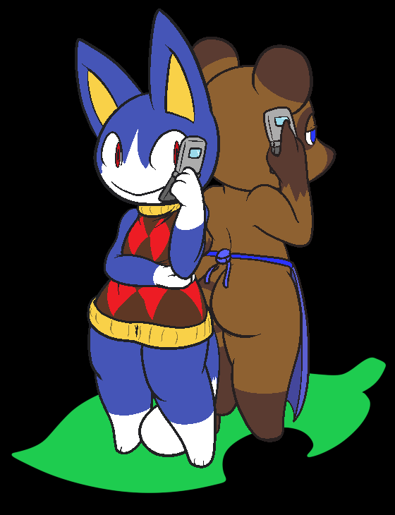 animal_crossing anthro apron brown_fur butt clothing duo eyes facing_away feline fur male mammal nintendo phone purple_eyes red_eyes rover_(animal_crossing) tanuki tom_nook tom_nook_(animal_crossing) video_games