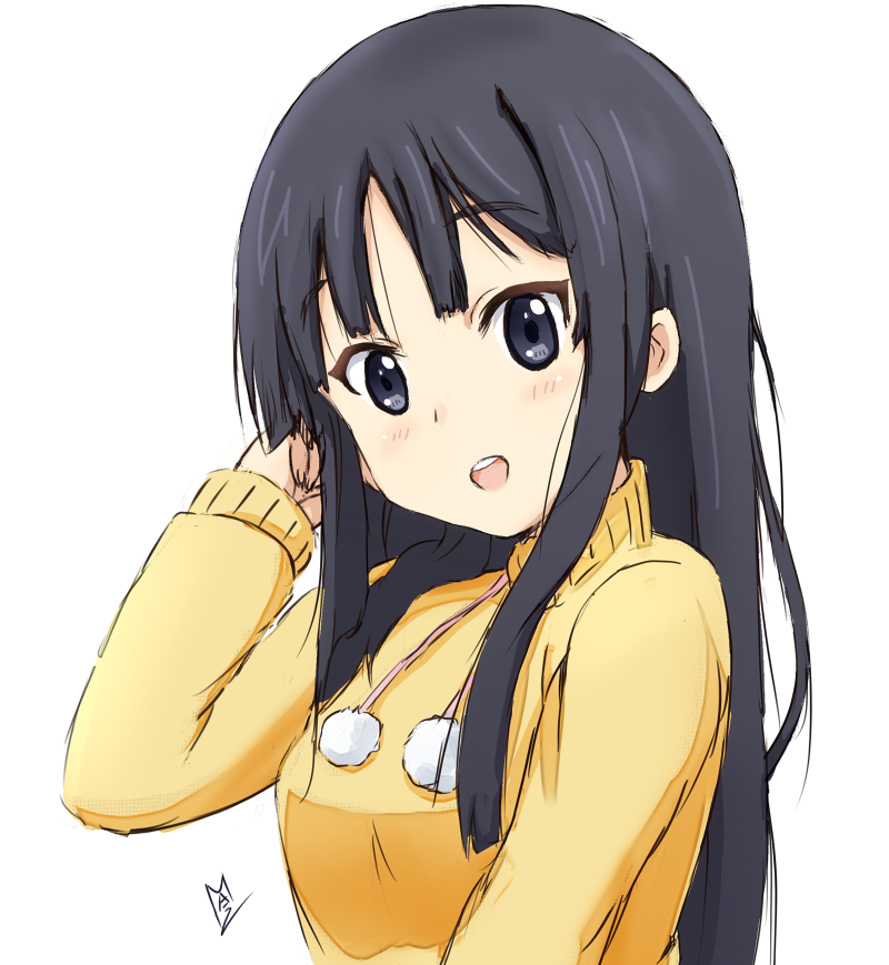 1girl adjusting_hair akiyama_mio arm_up bangs black_eyes black_hair blush drawstring eyebrows_visible_through_hair hand_up hime_cut k-on! long_hair long_sleeves looking_at_viewer ma-2_(konkon_kitakitsune) open_mouth simple_background smile solo sweater turtleneck turtleneck_sweater upper_body upper_teeth yellow_sweater