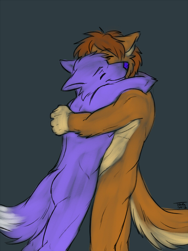 andy_dingo_wolf anthro brown_fur brown_hair canine couple dog duo eyes_closed fur fusky fusky_(species) grey_background hair hug hybrid lynx_softpaw male mammal mates nude plain_background purple_fur toraneko wolingo