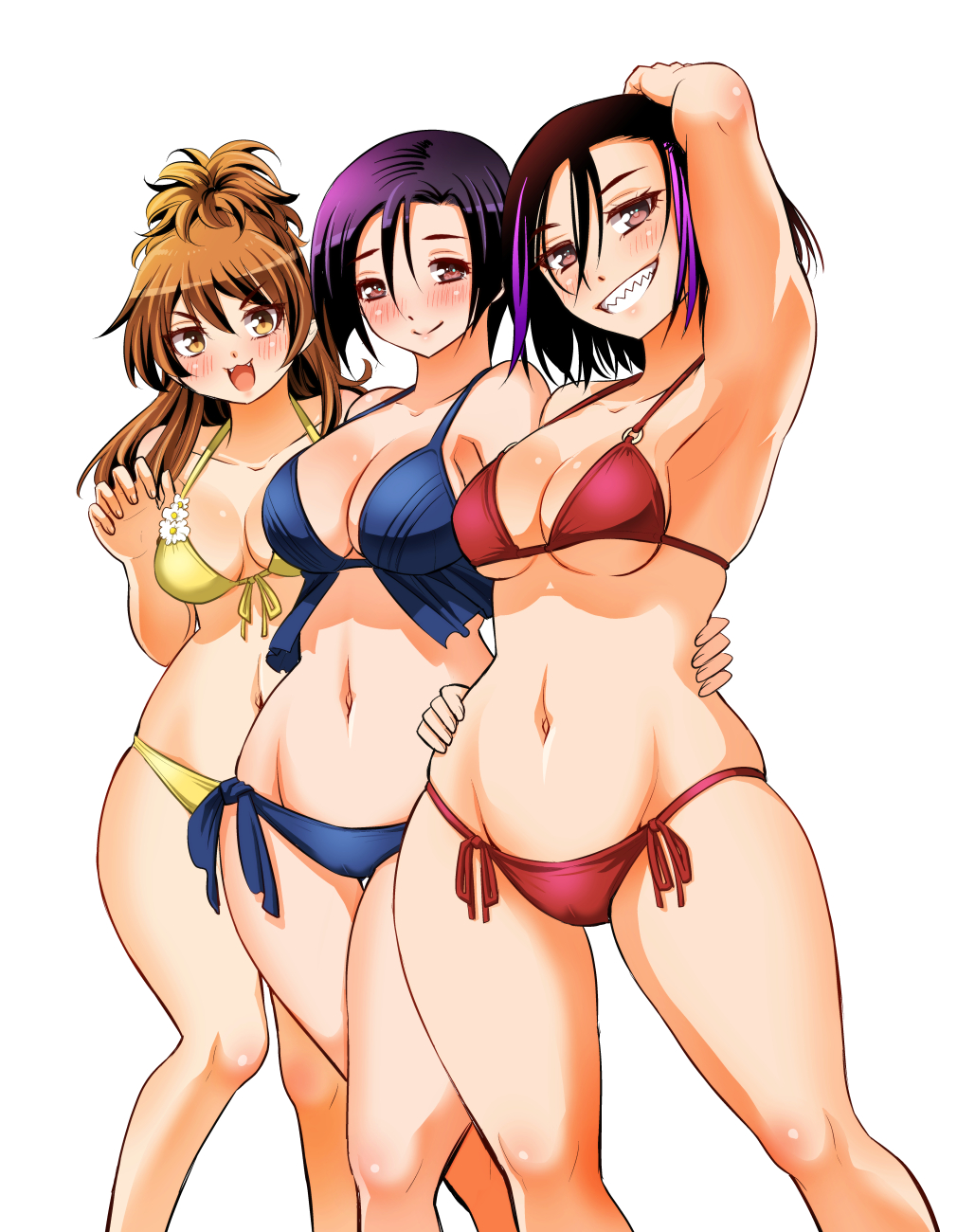 3girls :3 bikini black_hair blue_bikini blush breasts brown_eyes brown_hair character_request closed_mouth commentary_request feet_out_of_frame front-tie_bikini_top front-tie_top grin hand_on_another's_waist hand_on_own_head hand_on_own_hip hand_up high_ponytail highres kodera_aoi long_hair medium_breasts multicolored_hair multiple_girls navel purple_hair red_bikini sharp_teeth short_hair side-tie_bikini_bottom simple_background smile sogabe_toshinori standing stomach streaked_hair swimsuit teeth white_background yankee_jk_kuzuhana-chan yellow_bikini