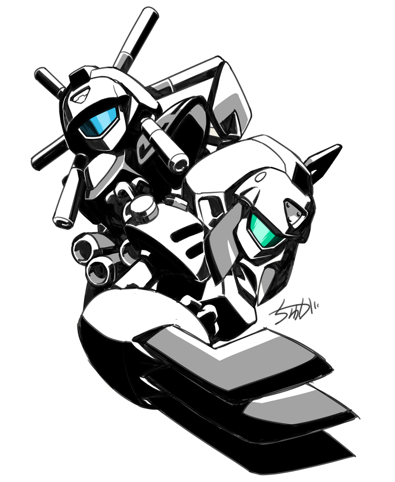 2others armor assault_visor blue_visor claw_(weapon) green_visor greyscale horns humanoid_robot joints looking_at_viewer mecha_focus medarot monochrome multiple_others no_humans robot robot_joints signature simple_background sumilidon tyuga upper_body warbandit weapon
