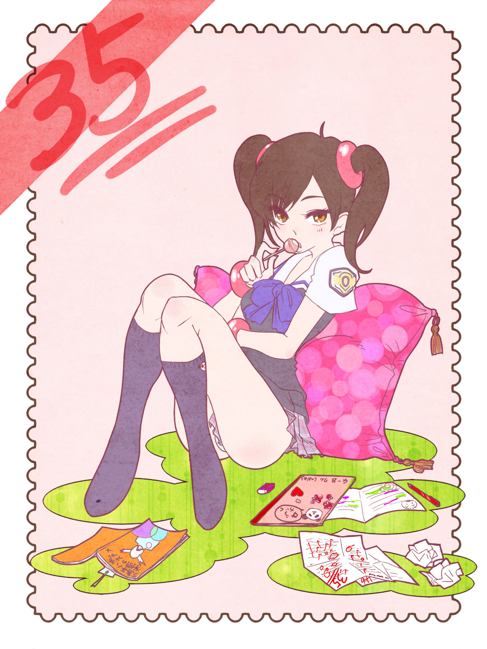 bad_id bad_pixiv_id candy food highres inuhiko_(istdog) ling_xiaoyu panties postage_stamp school_uniform serafuku short_twintails socks stationery sucking tekken twintails underwear